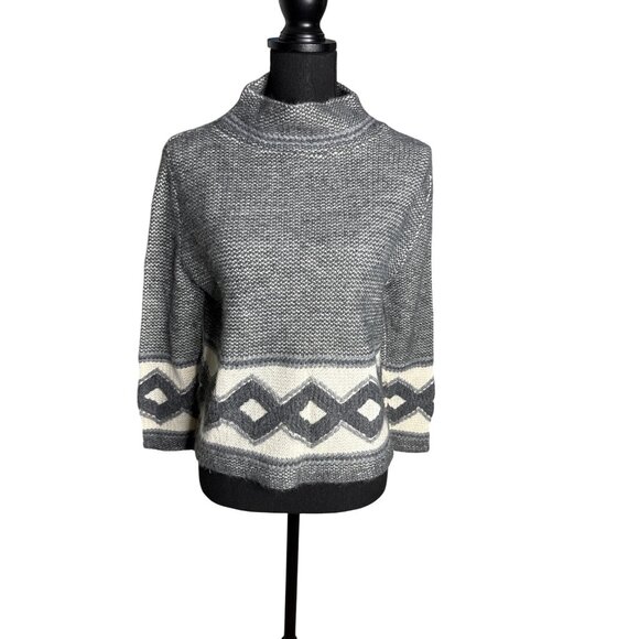 VTG 60s 70s Orlan Acrylic Gray White Mock Neck Geo Knit Sweater M - Picture 1 of 10